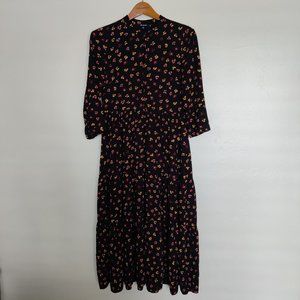 Madewell Printed Midi Tiered Dress Black Flower XS